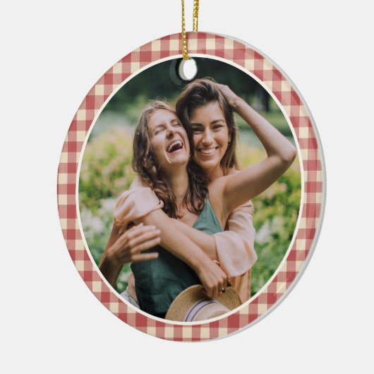 Rustikales Rotes Gingham Foto Modernes Weihnachten Keramik Ornament (Links)