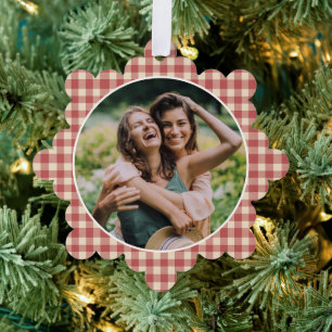 Rustikales Rotes Gingham Foto Modernes Weihnachten Ornament Karte