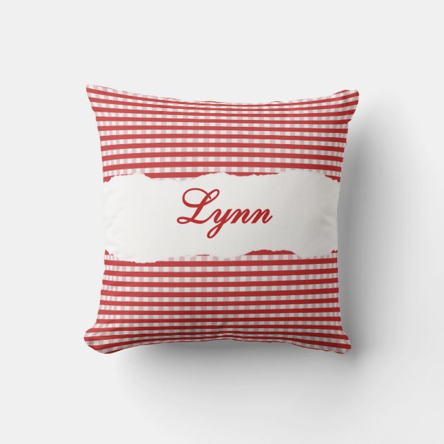 Rustikales rotes Gingham mit personalisiertem Name Kissen (Vorderseite)