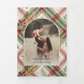 Rustikales Rotes Grün Kariert mit/Holly Arch 1 Fot Dreifach Gefaltete Karte (Cover)