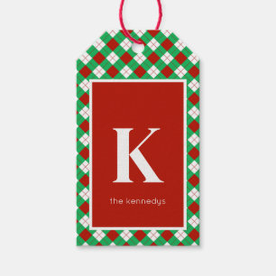 Rustikales Rotes Grün/Weiß Kariertes Monogramm Geschenkanhänger