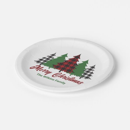 Rustikales Rotes Kariert Frohe Weihnachtsbaumen Pa Pappteller (Schrägansicht)