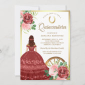 Rustikales Rotes Kleid Charro Gold Quinceanera Einladung (Vorderseite)