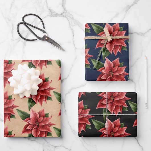 Rustikales rotes Poinsettia Blumenmuster Weihnacht Geschenkpapier Set (Vorderseite)