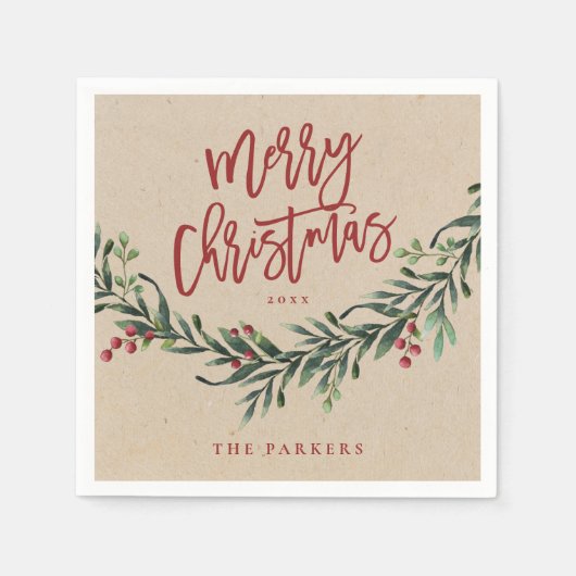 Rustikales Rotes Skript Frohe Weihnachtsgrün Serviette (Vorderseite)