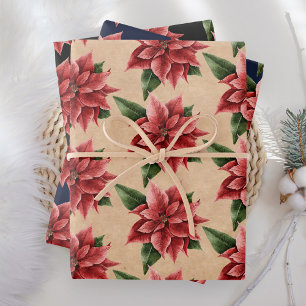 Rustikales rotes Weihnachts-Poinsettien-Blumenmust Geschenkpapier Set