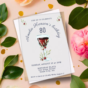 Rustikales rotes Wein-Glas zum 80. Geburtstag Gebu Acryleinladungen