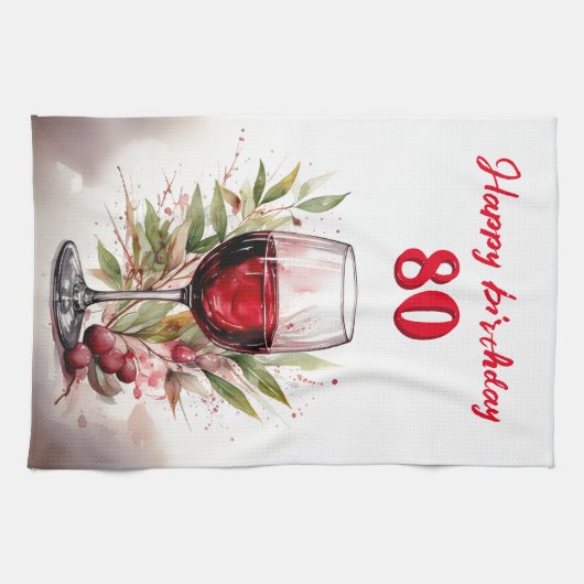 Rustikales Rotes Weinglas 80. Geburtstag Geschirrtuch (Horizontal)