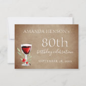 Rustikales Rotes Weinglas 80. Geburtstagsparty RSVP Karte (Vorderseite)