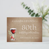 Rustikales Rotes Weinglas 80. Geburtstagsparty RSVP Karte (Stehend Vorderseite)
