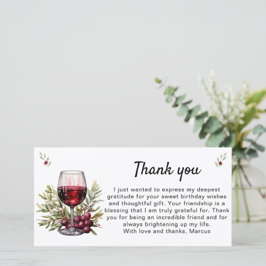 Rustikales Rotes Weinglas Blätter Geburtstag Dankeskarte (Stehend Vorderseite)