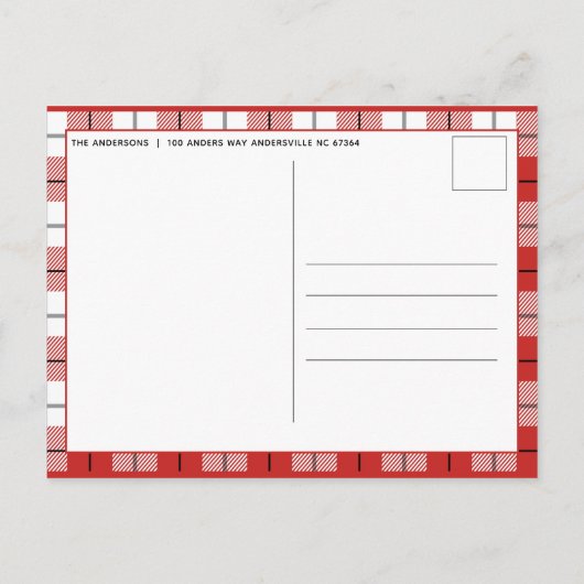 Rustikales Rotes & Weißes Gingham Flannel Weihnach Ankündigungspostkarte (Rückseite)