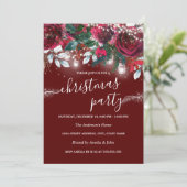 Rustikales Rotflorenglanz Lichter Weihnachten Part Einladung (Stehend Vorderseite)