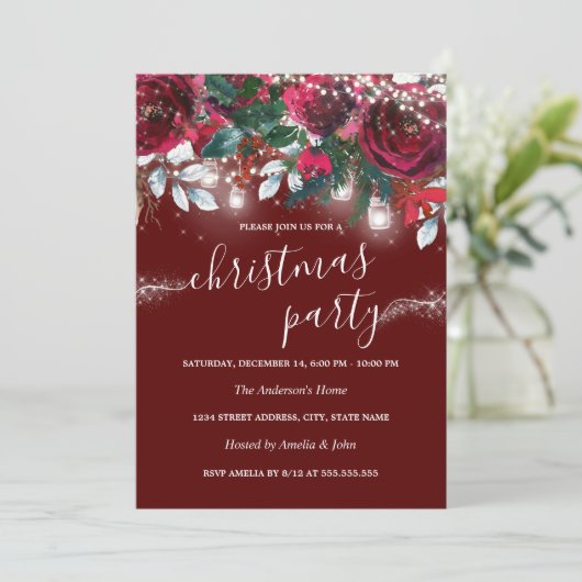 Rustikales Rotflorenglanz Lichter Weihnachten Part Einladung (Stehend Vorderseite)