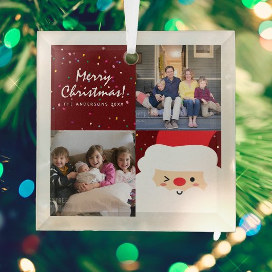 Rustikales Rotweihnachtskonfetti und Foto der Fami Ornament Aus Glas