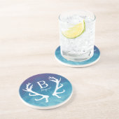 Rustikales Rotwild-Geweih-Monogramm-Blau-Aquarell Sandstein Untersetzer (Seite)