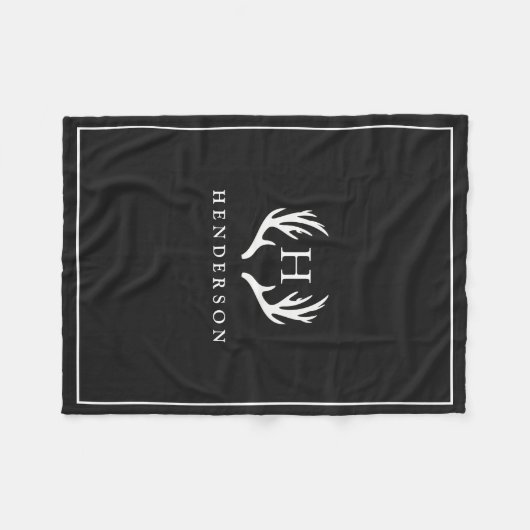 Rustikales Rotwild-Geweih-Monogramm-Schwarzes Fleecedecke (Vorderseite (Horizontal))