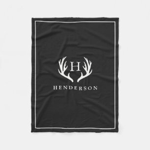 Rustikales Rotwild-Geweih-Monogramm-Schwarzes Fleecedecke