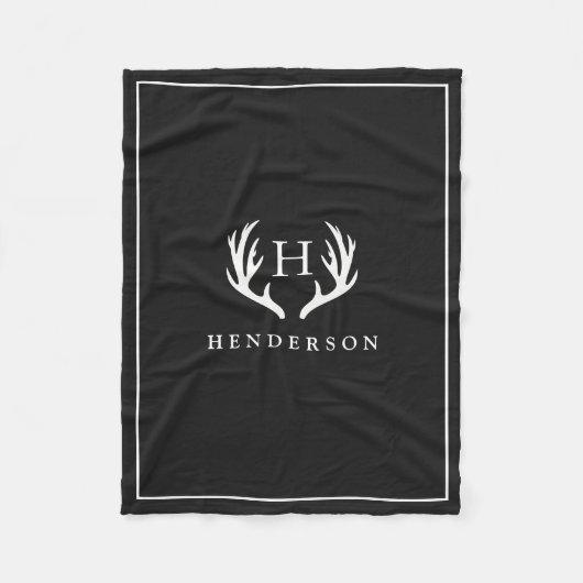 Rustikales Rotwild-Geweih-Monogramm-Schwarzes Fleecedecke (Vorderseite)
