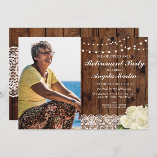 Rustikales Ruhestand-Party Holz Lace Rose Foto Einladung (Vorne/Hinten)