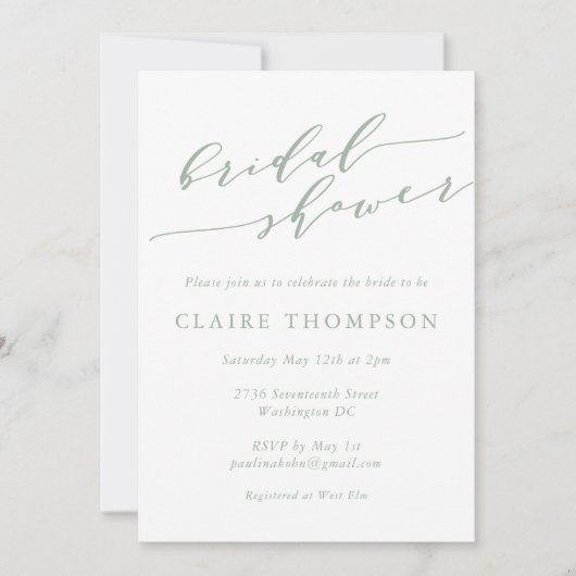 Rustikales Sage Green Botanic Script-Brautparty Einladung (Vorderseite)