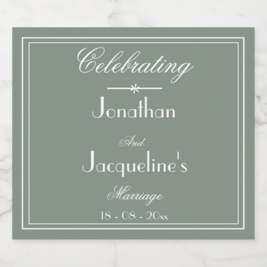 Rustikales Sage Green Wedding Names Script Cool Schaumweinetikett (Einzelnes Label)