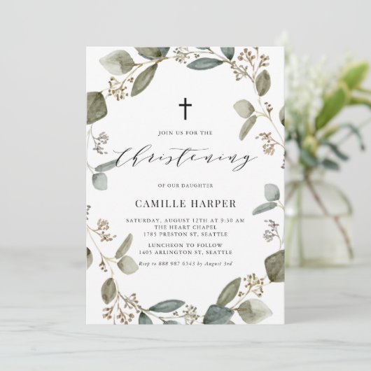 Rustikales Samenfutter Eukalyptus Wreath Christeni Einladung (Stehend Vorderseite)