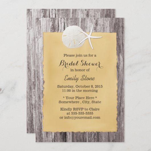 Rustikales Sand Dollar & Starfish Brautparty Einladung (Vorne/Hinten)