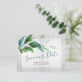 Rustikales Save the Date Aquarellholz und Blätter (Stehend Vorderseite)