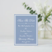 Rustikales Save the Date Dusty Blue Script Wedding Einladungspostkarte (Stehend Vorderseite)