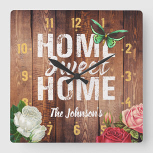 Rustikales Scheunen-Dunkelholz-"Home Sweet Home"-D Quadratische Wanduhr