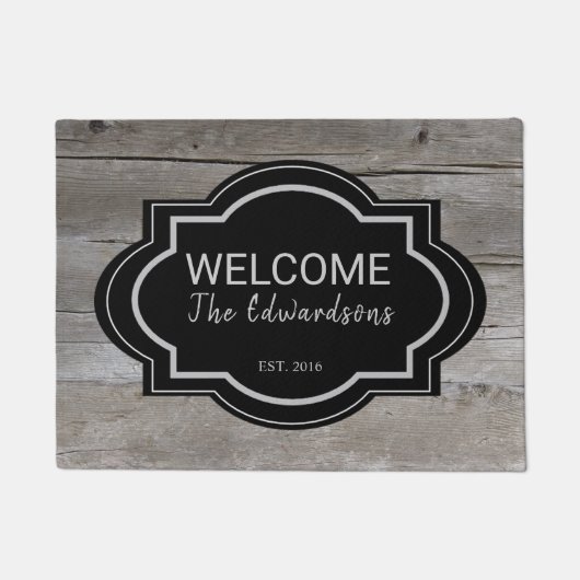 Rustikales Scheunenholz schwarzer Empfang Familien Fußmatte (Vorderseite)
