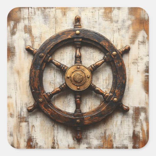 Rustikales Schiffrad Helm Nautic Quadratischer Aufkleber (Vorderseite)