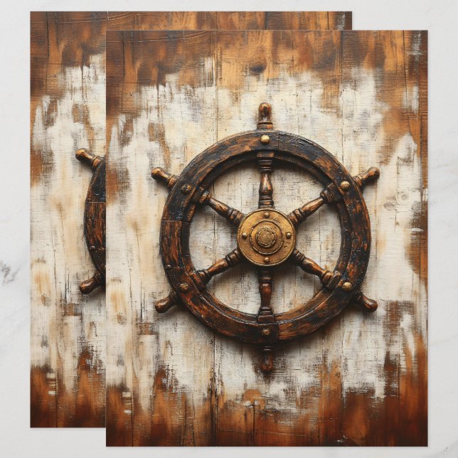 Rustikales Schiffrad Helm Nautical Scrapbook Paper (Vorne/Hinten)