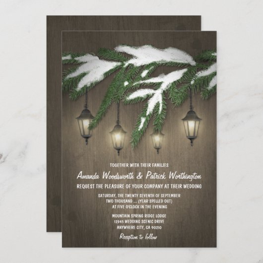 Rustikales SchneeEvergreen Laternenmärchen Einladu Einladung (Vorne/Hinten)