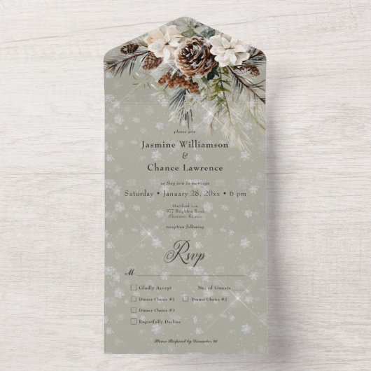 Rustikales Schneefall Pine & White Floral Sage Din All In One Einladung (Innen Boden)