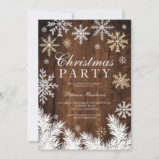 Rustikales Schneeflocken-Kiefernholz Weihnachten P Einladung (Vorderseite)