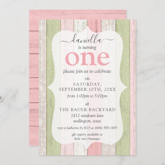 Rustikales Schnittholz Grün & Rosa Blumenholz 1. G Einladung (Vorne/Hinten)