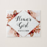 Rustikales Schönheitsblütenmädchen Gerahmte Bohemi Puzzle<br><div class="desc">Rustikale Schönheit Gerahmte Wasserfarbe Bohemisch Herbst oder Fall Design mit Boho Hand bemalten Federn, Blume, und viel von bunten Orange, Rost, Rot, Burgund, Marsala, Pfirsichfarben Blätter und Blattwerk. Mit handgezeichneten Linien, Wirblen handgeschriebenen Schriftart, Rose Goldfolie-Glitzer, Pinselstriche und geometrischem Diamant Rahmen Blütenpuzzle! ~ Karo mein Shop zu sehen, die gesamte Hochzeitssuite...</div>