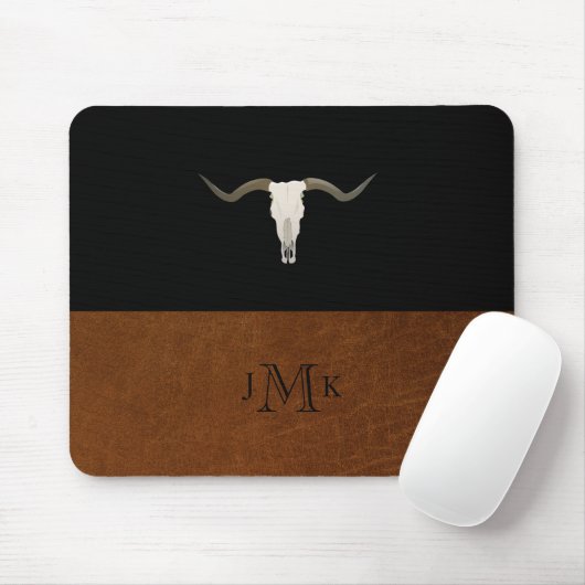 Rustikales Schwarz-Braun-Leder-Antler-Monogramm Mousepad (Mit Mouse)