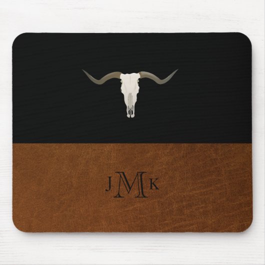 Rustikales Schwarz-Braun-Leder-Antler-Monogramm Mousepad (Vorne)