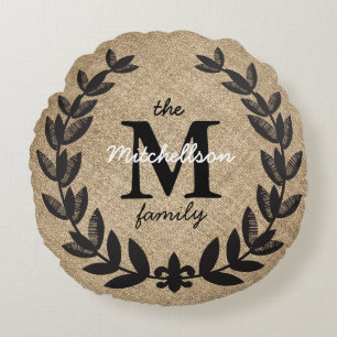 Rustikales Schwarz gepflastertes Fleur-de-Lis Laur Rundes Kissen