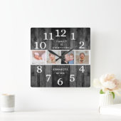 Rustikales schwarz gezapftes Holz 4 Foto Familiena Quadratische Wanduhr (Zuhause)