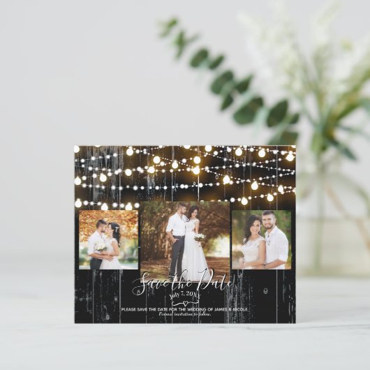 Rustikales Schwarz-Holz & Foto Save the Date (Stehend Vorderseite)