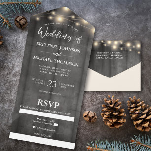 Rustikales Schwarz-Holz-String Light Wedding Song All In One Einladung