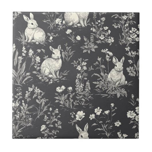 Rustikales Schwarz-Kaninchen-Botanik-Toile-Muster Fliese (Vorderseite)
