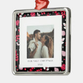 Rustikales Schwarz-Rot-Weihnachtsmuster Foto Ornament Aus Metall (Links)