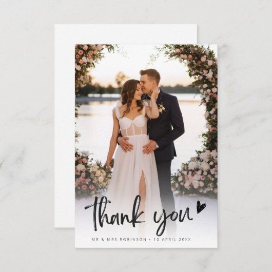 rustikales Schwarz-Script-Herz frisch verheiratet Dankeskarte (Vorne/Hinten)