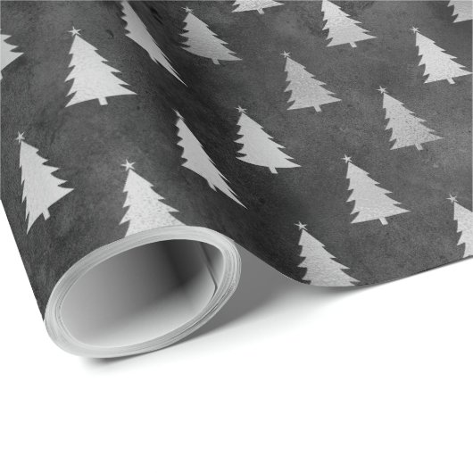 Rustikales, schwarz-silbernes Weihnachtsbaummuster Geschenkpapier (Rolleneckpunkt)