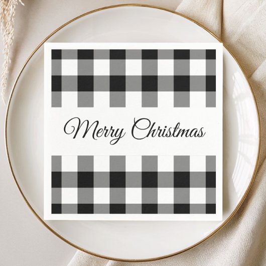 Rustikales Schwarz und Weiß Plaid frohe Weihnachte Serviette